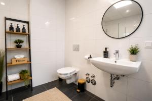 a bathroom with a sink and a toilet and a mirror at Schängel Chic 2 in Koblenz