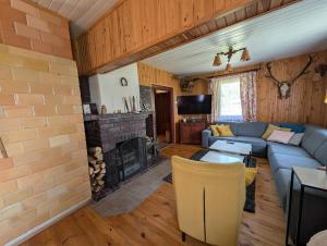 a living room with a couch and a fireplace at Agroturystyka WROTA PODLASIA in Siemiatycze +14 photos