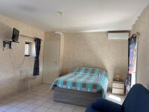 a bedroom with a bed and a tv and a couch at Meublé chocolat in Réaumur