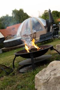 a grill with a fire in it in the grass at La sphère étoilée in Ames