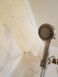 a shower head in a bathtub with a ceiling at ARMANI MANOR rustic spacious 2br unit 1 in Wildwood +46 photos
