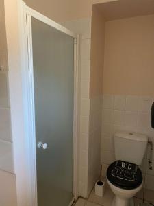 a bathroom with a toilet with a glass shower door at Meublé chocolat in Réaumur +5 photos