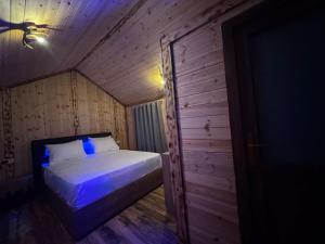 a bedroom with a bed in a wooden room at Flori's House in Valbonë