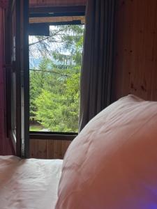 a bedroom with a bed and a window with a view at Flori's House in Valbonë