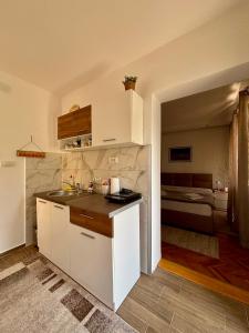 a kitchen with a sink and a room with a bed at APARTMAN BAMBUS in Lug