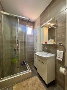 a bathroom with a shower and a sink and a mirror at APARTMAN BAMBUS in Lug +9 photos