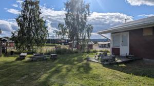 a yard with benches and a building and trees at Höghedens camping in Älvsbyn