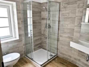 a bathroom with a shower and a toilet and a sink at Great Mountain B&B Platak in Platak +81 photos
