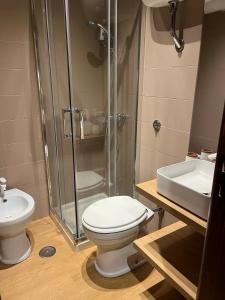 a bathroom with a shower and a toilet and a sink at FREE PARKING - Edilneve Apartment in Roccaraso