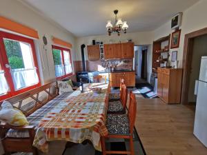 a kitchen with a long table in a room at Mátra Kulcsosház - Mátraszentimre in Mátraszentimre +14 photos