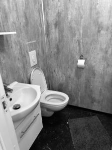 ein Badezimmer mit weißer Toilette und Waschbecken in der Unterkunft Studioflat in centrum in Stavanger
