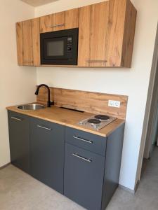 a small kitchen with a sink and a microwave at Baumannhaus in Ziemetshausen