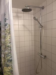 a shower with a shower head in a bathroom at Huset ved springvandet in Randers +74 photos