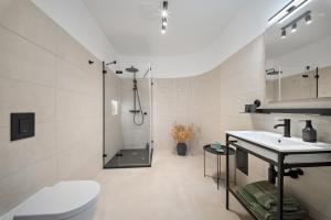 a bathroom with a toilet and a sink and a shower at Zámecký Apartmán Verde in Jince +15 photos