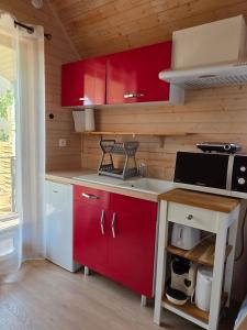 a kitchen with red cabinets and a sink at Ailéa Tiny House avec jacuzzi privatif in Beaumes-de-Venise +6 photos