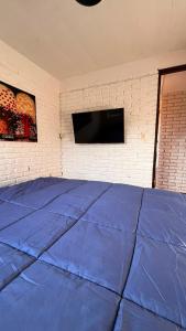 a large blue bed with a tv on a wall at Casa de campo en Punta Ballena in Punta del Este