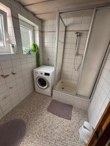 un bagno con lavatrice e lavatrice di MaRe FeWo a Hettingen
