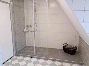 a shower with a glass door in a bathroom at Ferienwohnung Altstadtblick in Alsfeld +20 photos