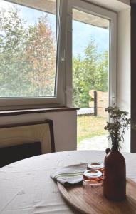 a plate with a vase on a table with a window at Apartment Volk Turjaški in Gabrovka