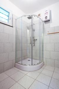 a shower with a glass door in a bathroom at Waldhaus Nitztal in Mayen +14 photos
