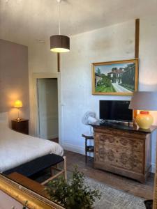 a bedroom with a bed and a tv on a table at LA SEIGNEURIE DE TILLAC in Tillac