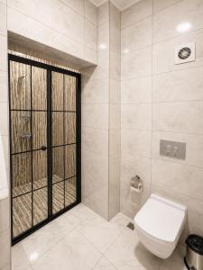 a white bathroom with a toilet and a shower at La Pearl Konaklama in Istanbul