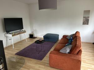 a living room with a couch and a tv at Modern feel-good apartment in Bad Lippspringe