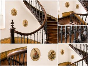 a collage of photos of stairs with plates on them at SCHEE Apartments - stilvolle & zentrale Wohnungen mit Privatparkplatz in Nördlingen