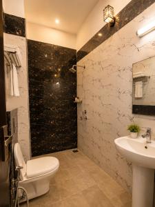 a bathroom with a toilet and a sink and a shower at Hotel Regal Delight Star Taj - Best Rated Area #hygienic and Affordable Rooms, Check in Guarantee,Near Taj mahal in Agra +17 photos