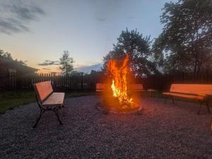 a fire in the middle of a yard with two benches at Kierunek Puszcza 2 Apartamenty - Balia, Sauna, Grota solna - max 14 osob in Narewka