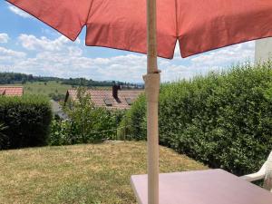 Ein roter Regenschirm steht auf einem Tisch in der Unterkunft Alb-Blick in Göppingen