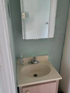 a bathroom with a sink and a mirror at ARMANI MANOR UPSTAIRS UNIT 3 quaint rustic 1br in Wildwood +20 photos