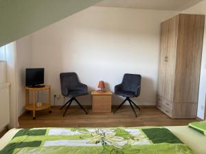 ein Schlafzimmer mit zwei Stühlen, einem Bett und einem Fernseher in der Unterkunft Alb-Blick in Göppingen
