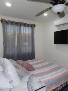 ein Schlafzimmer mit einem Bett mit Kissen und einem Deckenventilator in der Unterkunft Casa Las Brisas in Progreso