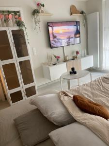 a living room with a bed and a tv on the wall at studio siesta in Pétange +3 photos