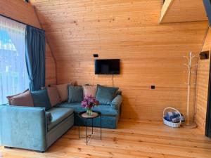 a living room with a couch and a tv at Tobani Cottage Kazbegi in Kazbegi