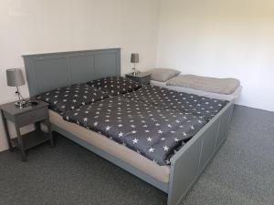 a bed in a bedroom with two night stands and two lamps at Vidiecky dom in Veľký Krtíš
