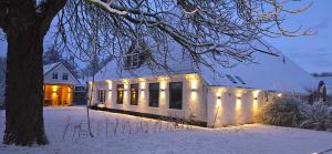 a house covered in christmas lights in the snow at Vakantiewoning In de boerderij in Arum