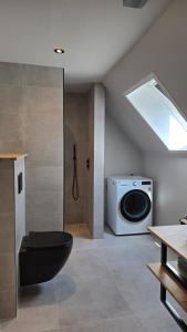 a bathroom with a toilet and a washing machine at Vakantiewoning In de boerderij in Arum