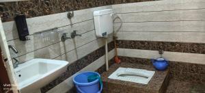 a bathroom with a sink and a toilet at Qasmi Hotel in Jammu