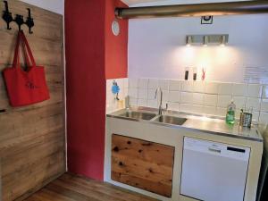 a kitchen with a sink and a red wall at Ferienhaus Meins in Kals am Großglockner +121 photos
