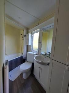 a small bathroom with a toilet and a sink at Camping La Tentation in Renty
