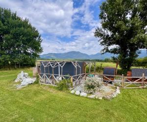 a garden with a shed and a bench in the grass at Tiny House with Mountain Views in Turany