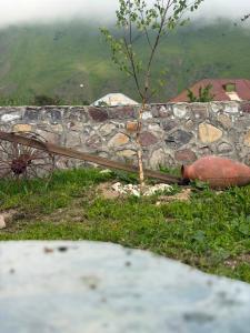 a stone wall with a tree next to a red object at Twenty 23 Cottages,kazbegi 1 in Kazbegi +1 photo
