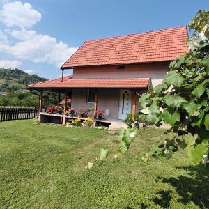a house with a red roof and a yard at Kuca za Odmor ISKRA in Mokra Gora