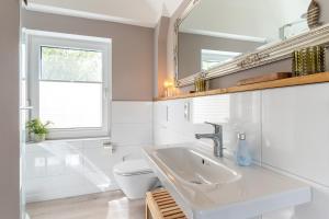 a bathroom with a sink and a toilet and a mirror at Püppi Hems Huus in Osterhever