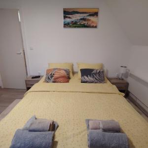 a bedroom with a large bed with two pillows at Kuca za Odmor ISKRA in Mokra Gora