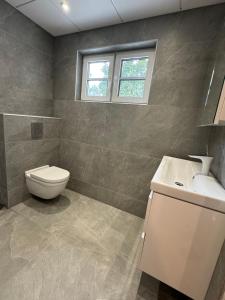 a bathroom with a toilet and a sink and a window at Maramaa Backyard Bliss in Viljandi +15 photos