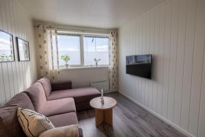 a living room with a couch and a tv at Havnegata Apartments in Vadsø