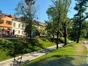 a street with trees on the side of a sidewalk at The Rabbit Citadel in Sibiu